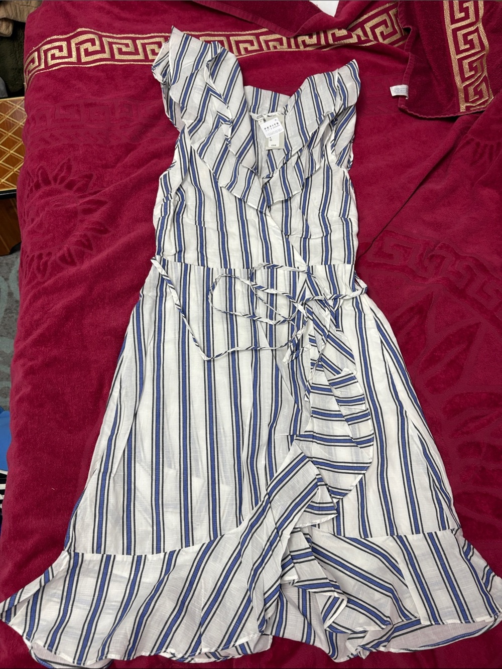 River Island White and Blue Striped Ruffle Wrap Dress